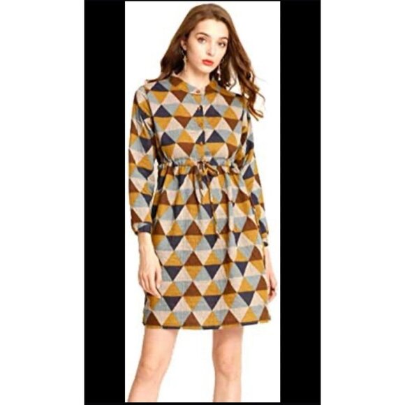 Ashir Aley Geometric Artsy Dress Size XL Mini Long Sleeves Pockets Casual Work - Picture 8 of 14